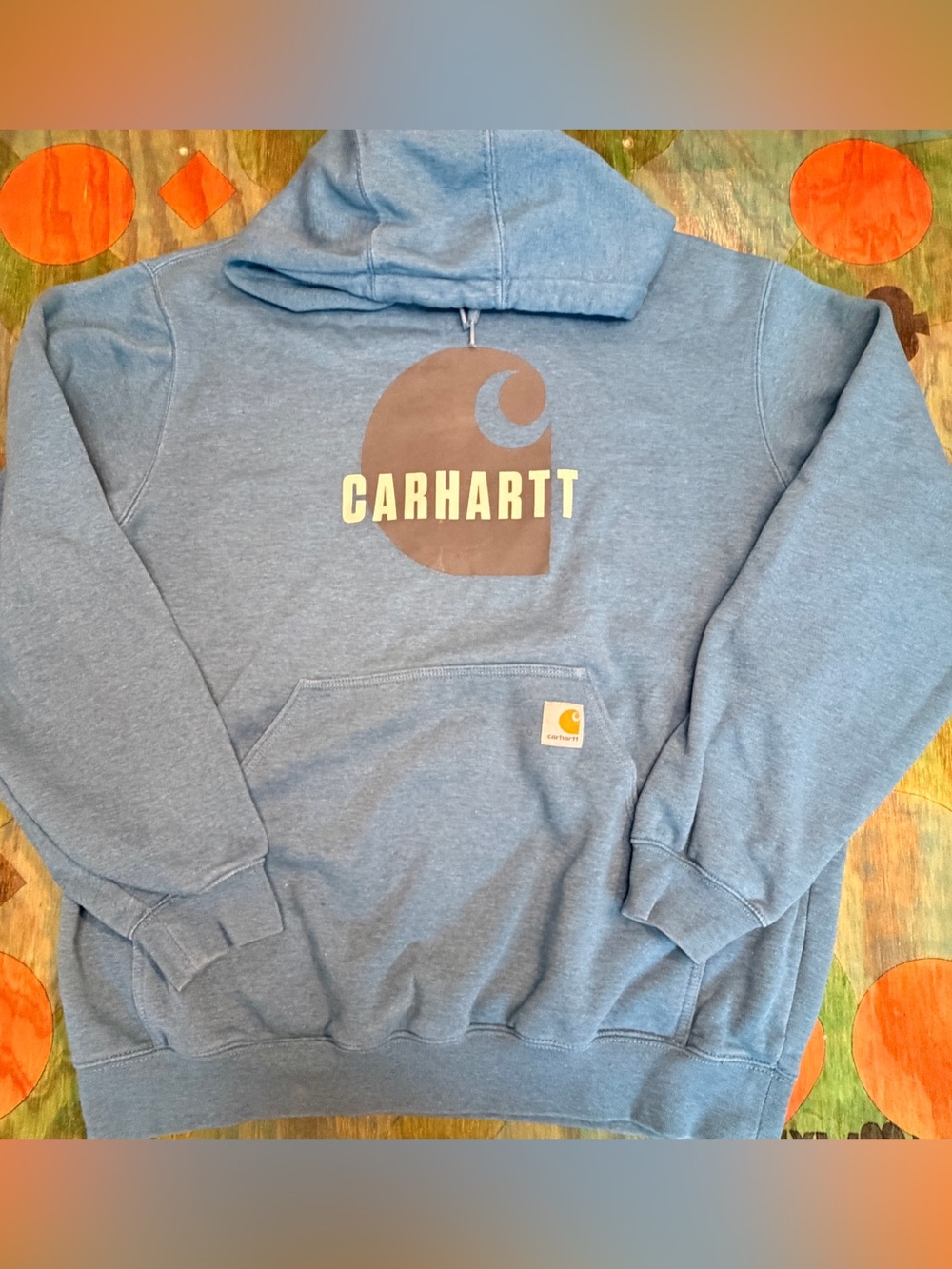 Carhartt Hoodie Blue Sweatshirt Fleece Workwear Loose Fit Size Large Logo Hooded